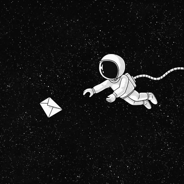 B&W painting of a space child reaching a letter